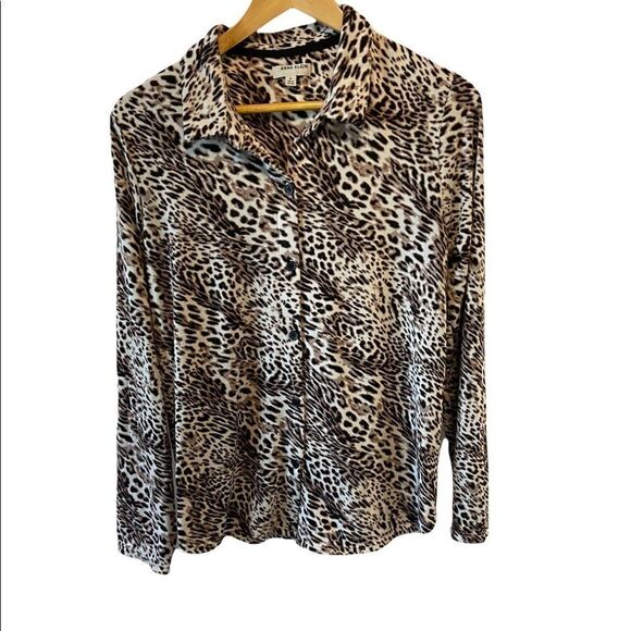 ANNE KLEIN Leopard Print Lightweight Button Up Collared Cardigan Top M - Picture 1 of 7